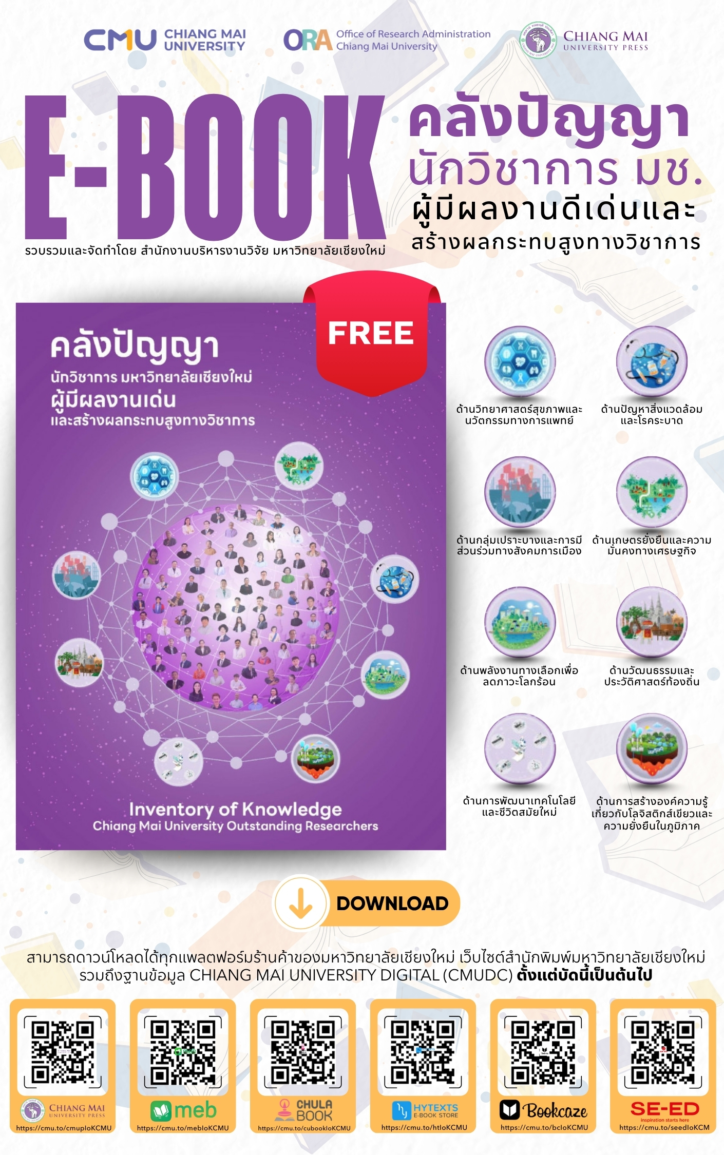 ขอความอนุเคราะห์เผยแพร่ หนังสือ “คลังปัญญานักวิชาการมหาวิทยาลัยเชียงใหม่ ผู้มีผลงานเด่นและสร้างผลกระทบสูงทางวิชาการ” (Inventory of Knowledge Chiang Mai University Outstanding Researchers)